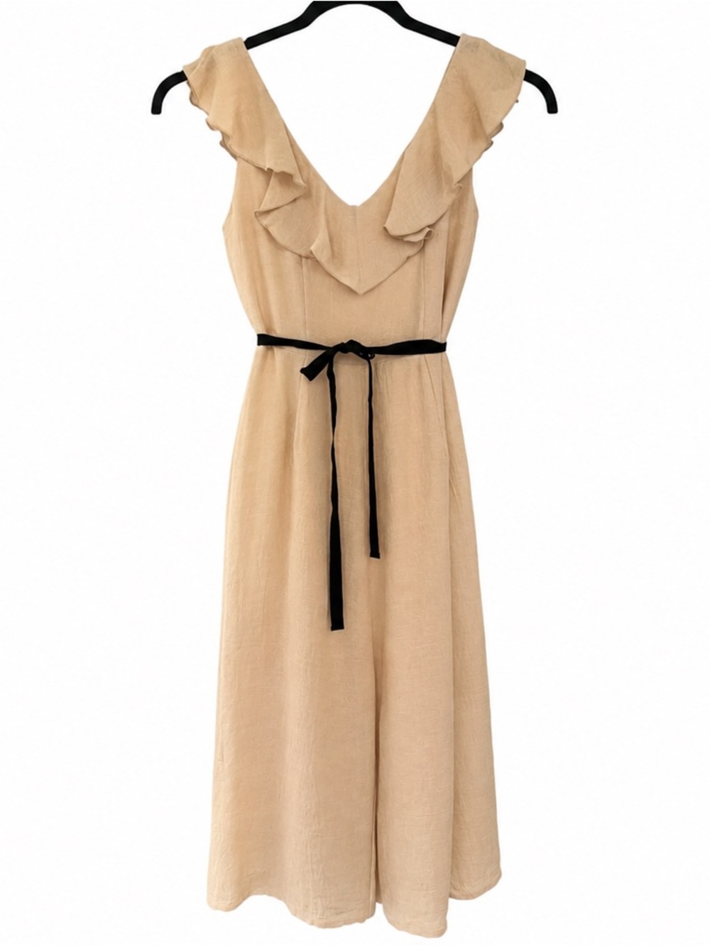 Paper Crown Beige Midi Jumpsuit with Black Tie Belt